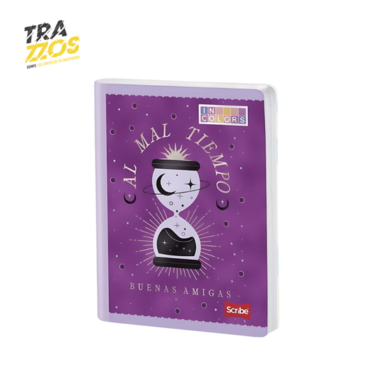 Cuadernos cosidos Incolors con portada color morado y diseño de reloj con mensaje positivo.