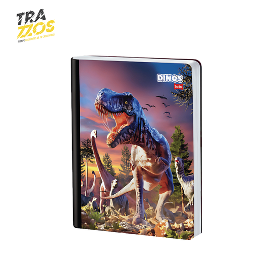Cuaderno escolar cosidos con portadas de tiranosaurio y otro dinosaurio en escenas prehistóricas.