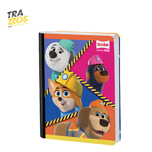 Cuaderno escolar con portada de perros constructores colorida.