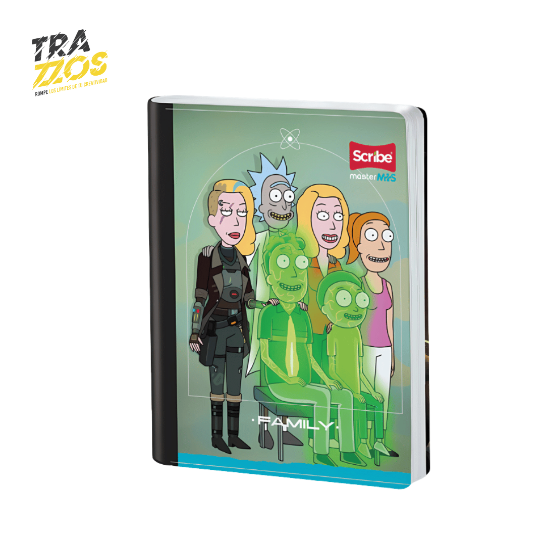 Cuaderno escolar cosidos con portadas de Rick and Morty de color verde y elementos de la serie