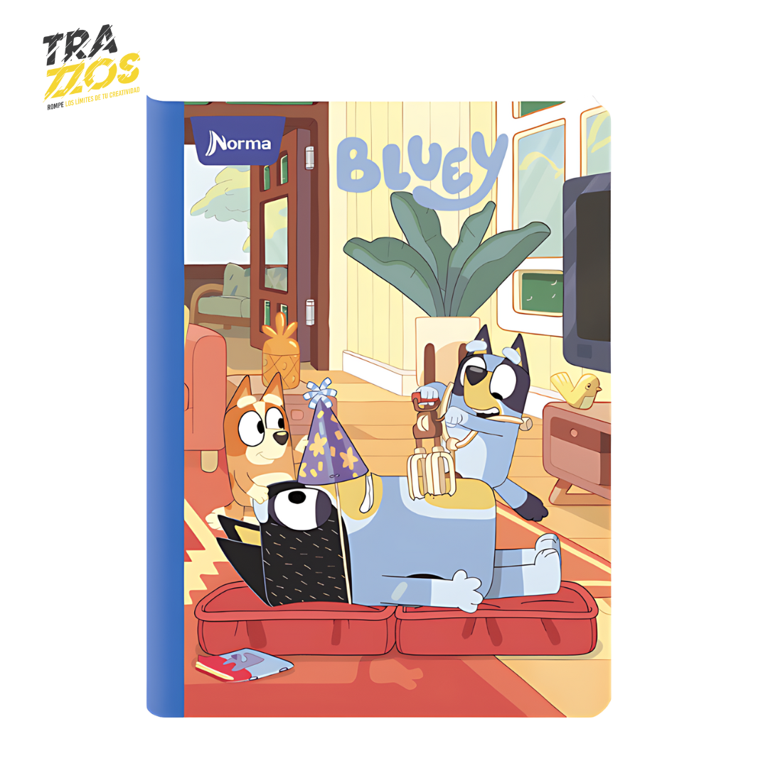 Cuaderno Norma cosido con lomo azul en la portada bluey y sus amigos