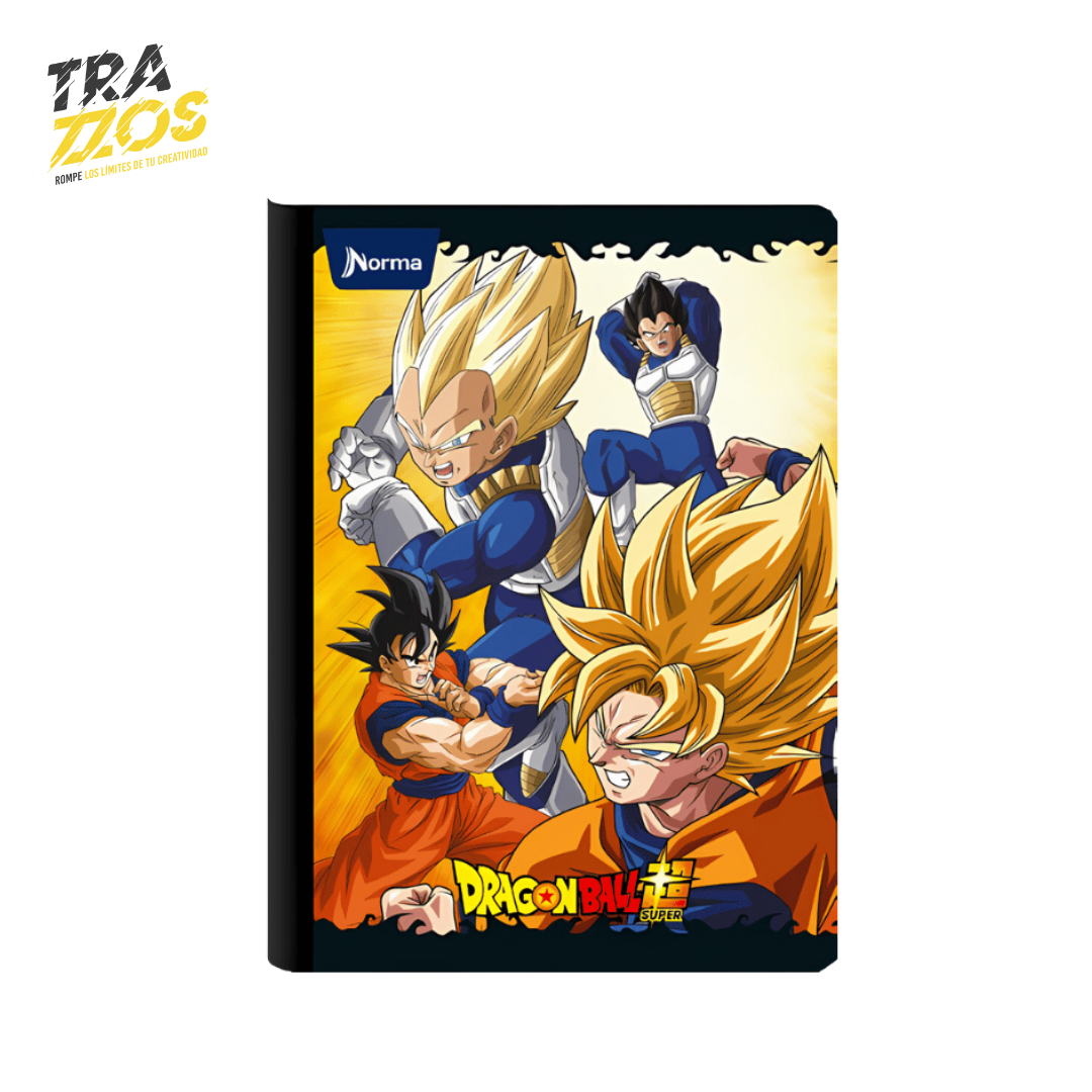 Cuaderno escolar cosidos con portadas de esta de Goku y Vegeta en colores naranja y amarillo