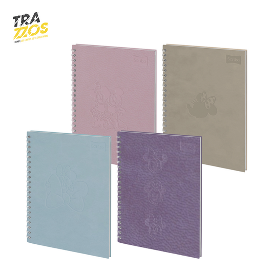 Cuaderno Argollado Grande con Pasta Dura Minnie en Cuero en color Morado, beige, Rosado y Azul