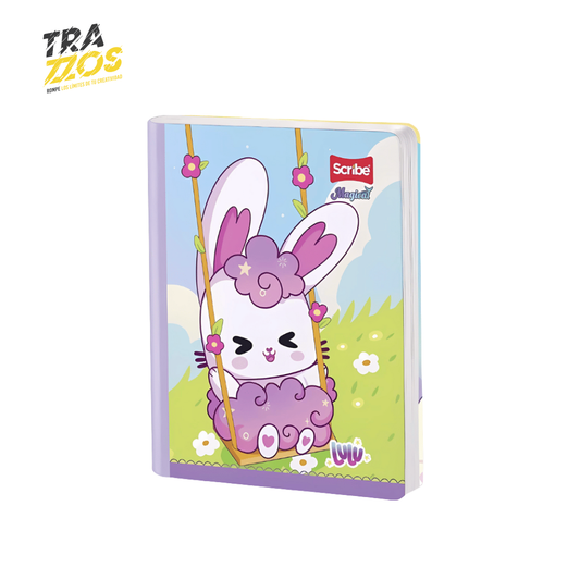 Cuaderno escolar cosido con lomo lila
y portada de colore Azul con conejo. incluye stickers