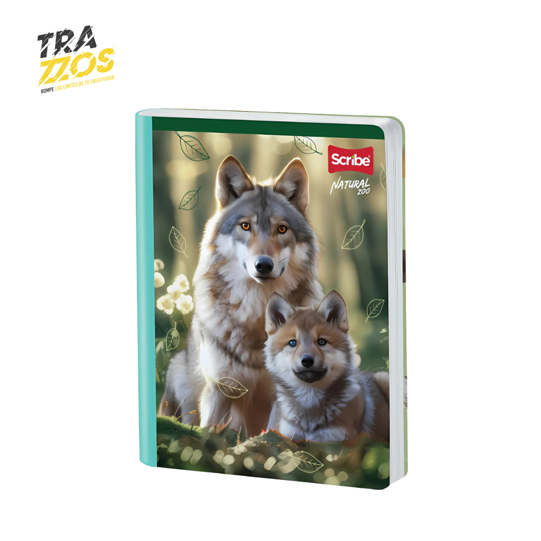Cuaderno escolar cosido con lomo verde claro y portada de lobos
.
