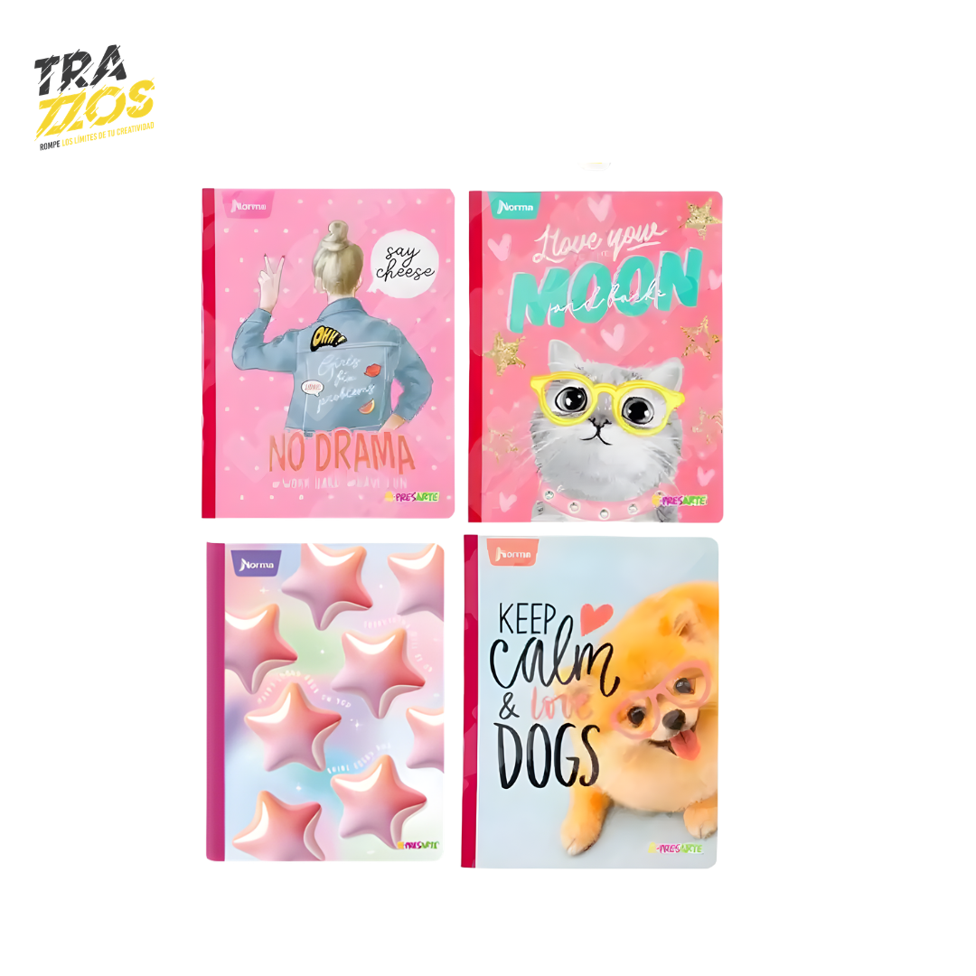 Cuadernos cosidos con diseños de animales y elementos decorativos en tonos pastel