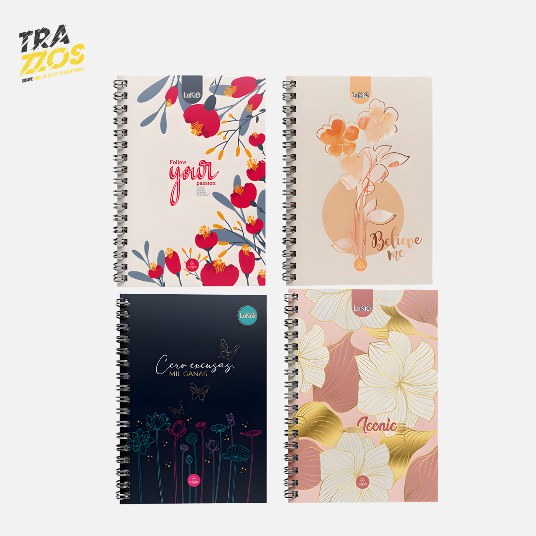 Cuaderno argollado grande Multimateria con pasta dura y diseños de florales con colores beige y rosado morado.