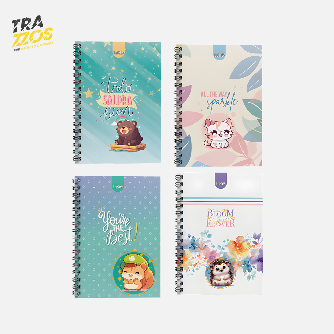 Cuaderno argollado pasta dura con diseños de animales tiernos en colores Verde claro.