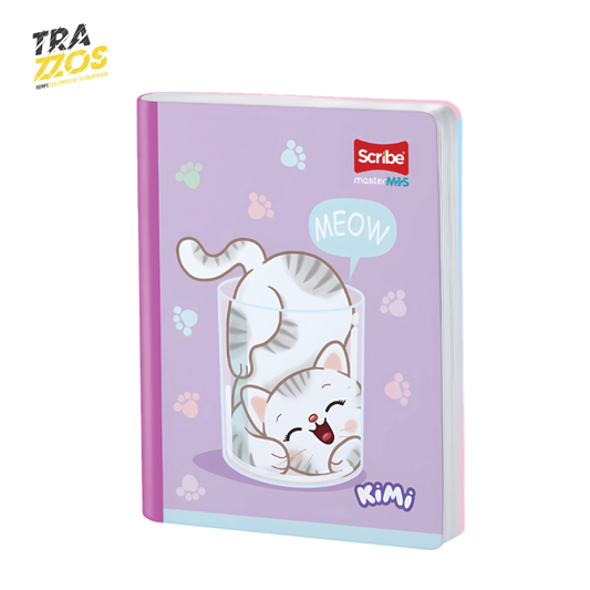 Cuaderno scribe color lila con lomo rosado en la portada un tierno gato.