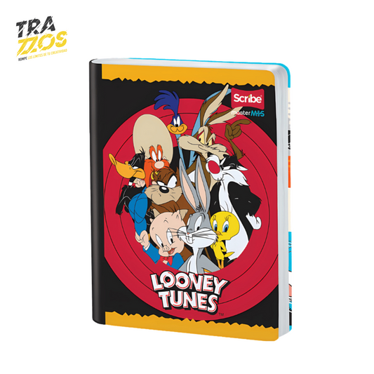 Cuaderno Scribe cosido con lomo de color negro con todos los personajes de los Looney Tunes don fondo rojo y negro.