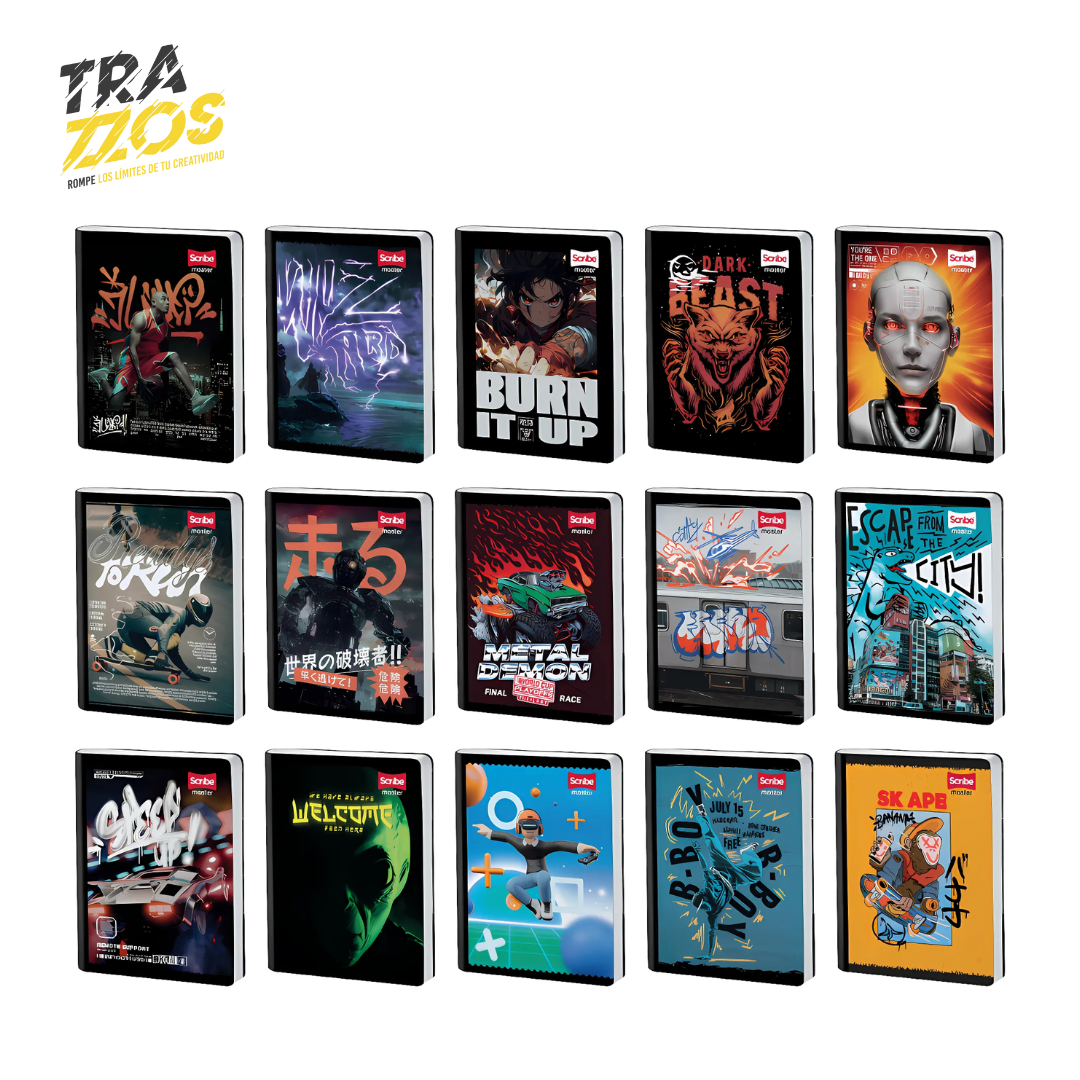 Cuadernos cosidos con diseños de arte urbano, robots, monstruos y deportes extremos en estilo juvenil con colores sobrios.