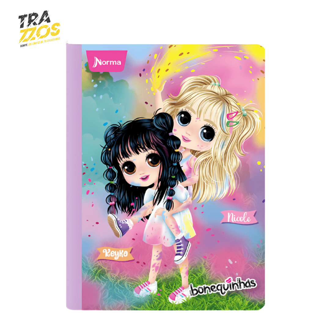 Cuadernos escolares cosidos con lomo lila y portadas de personajes Bonequinhas en tonos pastel