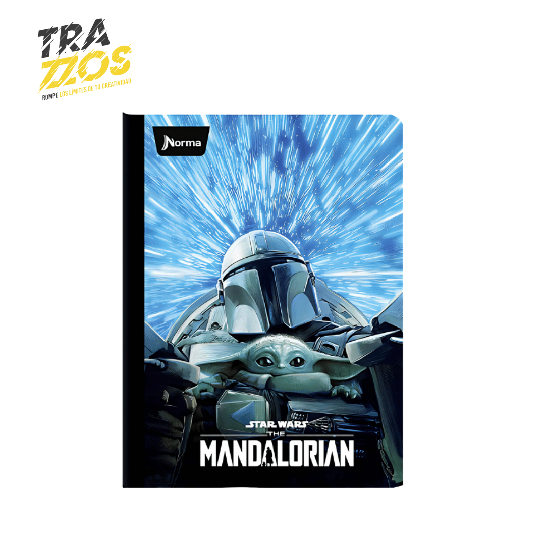 Cuadernos cosidos con cinta en el lomo negra con portadas de personajes de Mandalorian como Baby Yoda,
