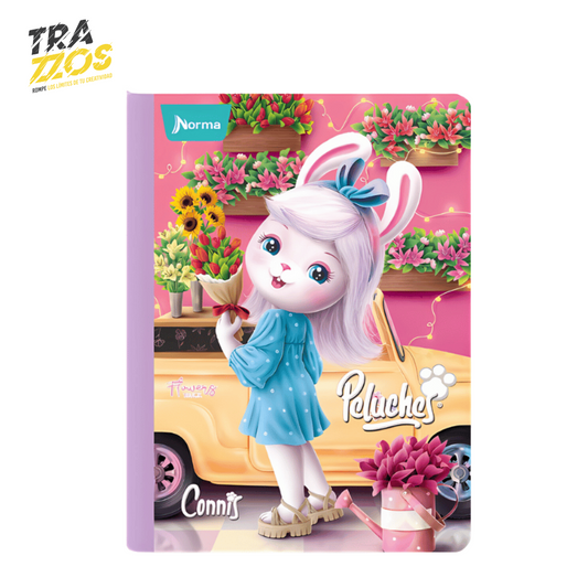 Cuaderno cosido con lomo lila en la portada Connis en floristería