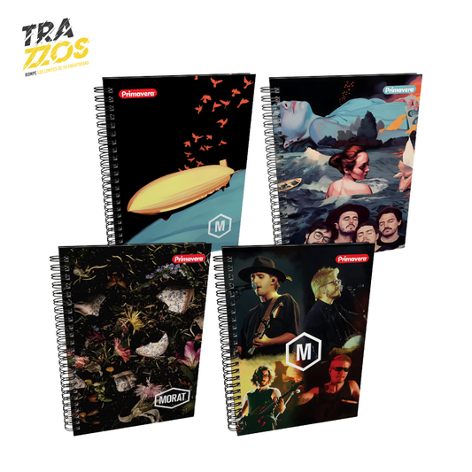 Cuadernos argollados grandes Primavera Morat con portadas oscuras de la banda en varios diseños