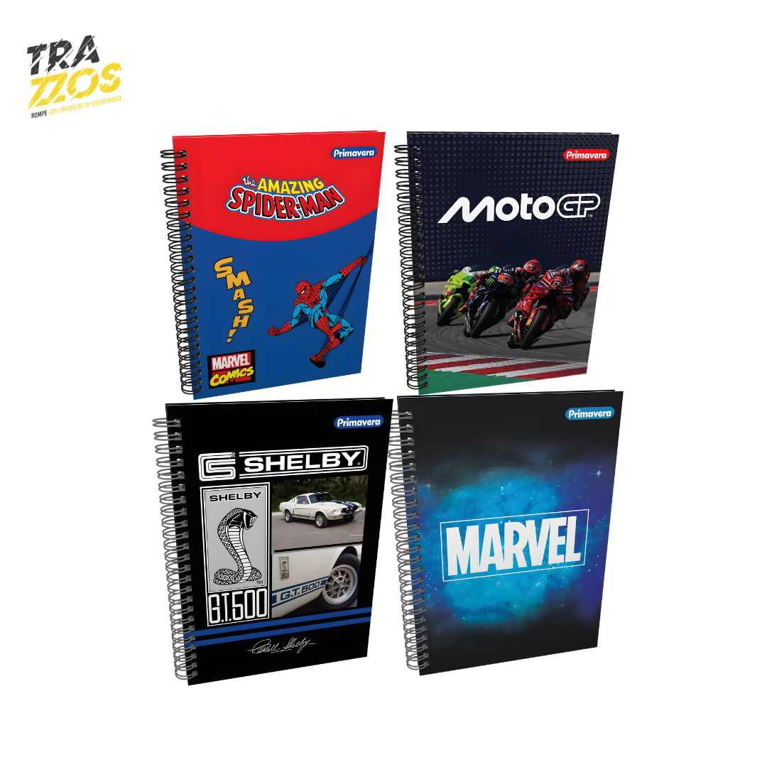 Cuaderno argollado grande unimateria con tapa dura y diseños de masculinos de marvel, Motos y carros