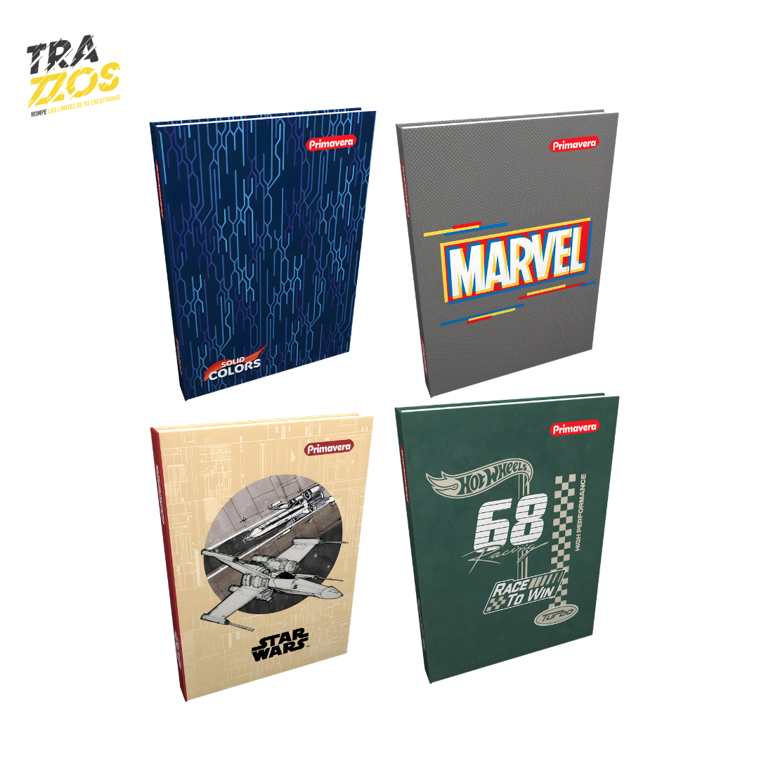 Cuadernos cosidos de pasta dura con diseños juveniles de Marvel, autos Star Wars.