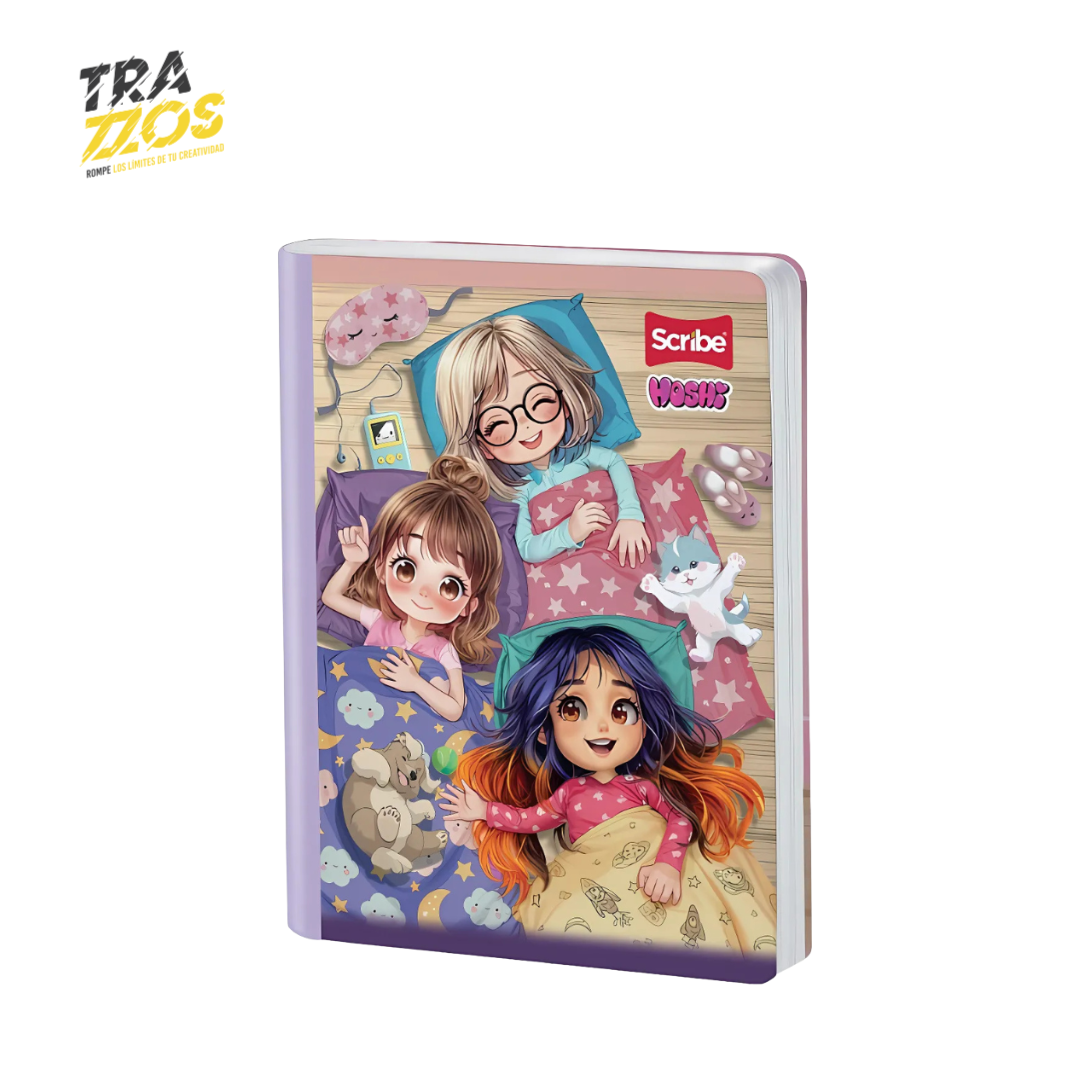 Cuaderno cosido Hoshi con lomo lila y portada de personajes estilo anime en pijamada.