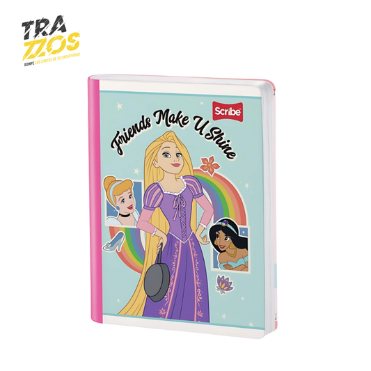 Cuaderno Scribe cosido con lomo rosa con portada de rapunzel, Jazmin y cenicienta