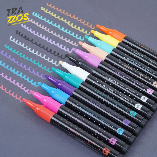 12 marcadores acrílicos punta fina con cuerpo plástico color negro y punta tinta Roja, Rosa, Azul, Morado, Verde , Blanco, Negro, Lila, Piel, Verde claro, Amarillo y Naranja