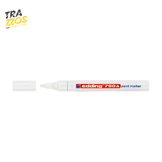 Marcador edding 790A color blanco delgado mostrando punta bala