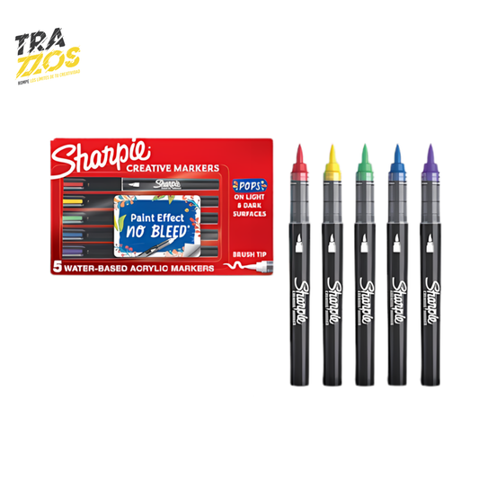 Set de marcador acrílico delgado con cuerpo en plástico negro y punta pincel de tinta color Rojo, Amarillo,Verde, Azul y Morado