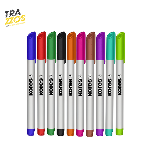 Marcador delgado borrable con cuerpo plástico color blanco y tintas Naranja, Rojo, Fucsia, Morado, Azul, Verde claro, Verde limon, verde oscuro, Café y Negro.