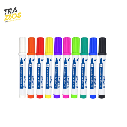 10 marcadores gráficos punta bala de cuerpo platico color blanco y con tinta Blanco, Naranja, Rojo, Amarillo, Morado, Fucsia, Verde claro, Verde Oscuro, Azul y Negro