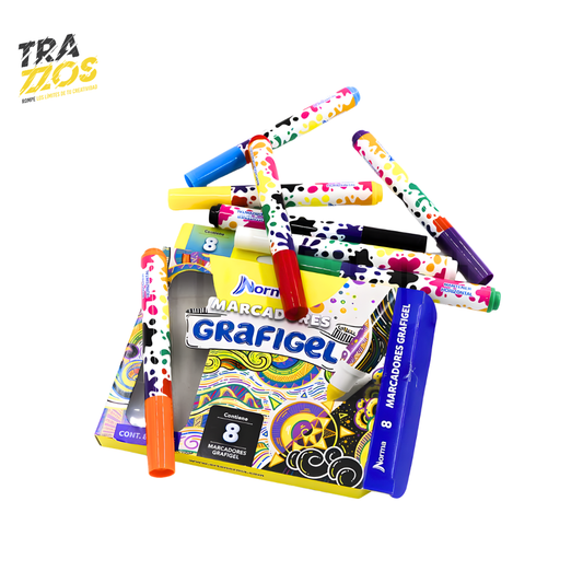 Caja amarilla de 8 marcadores punta bala grafigel de color Naranja,Rojo, Verde, blanco, Negro, Amarillo Morado y azul