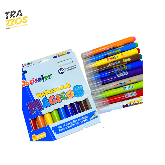 9 marcadores Doricolor mágicos con tinta Roja, verde, gris, Azul rey, azul oscuro café, amarillo, azul claro y naranja más el revelador con el cual cambia los colores originales.