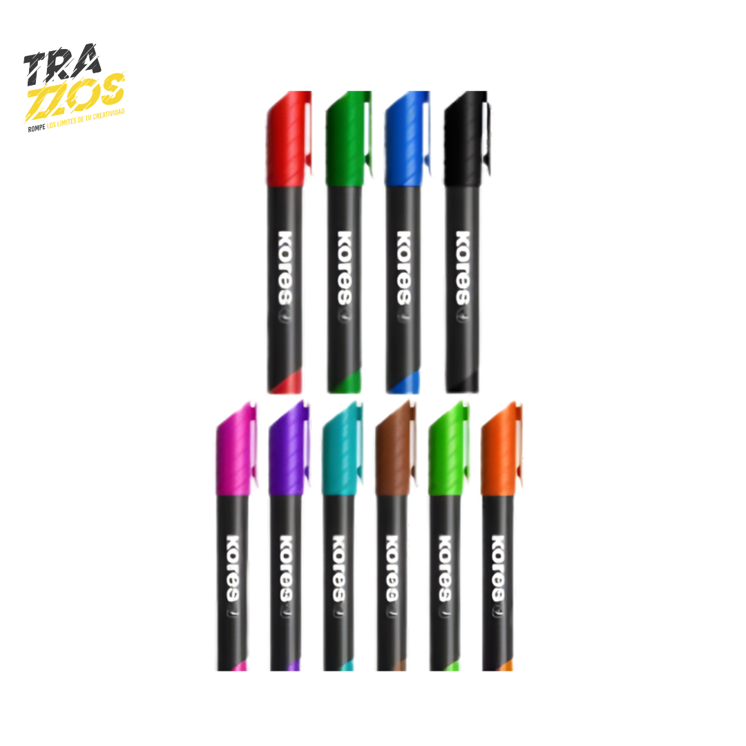 Marcador permanente grueso con cuerpo negro con tinta color rojo, verde, azul, negro, fucsia, morado, verde claro, café, verde limón y naranja.