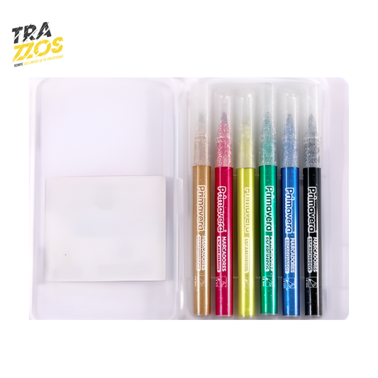 Estuche de 6 marcadores escarchados punta fina y tinta color Rojo, Café, amarillo, verde, azul y negro