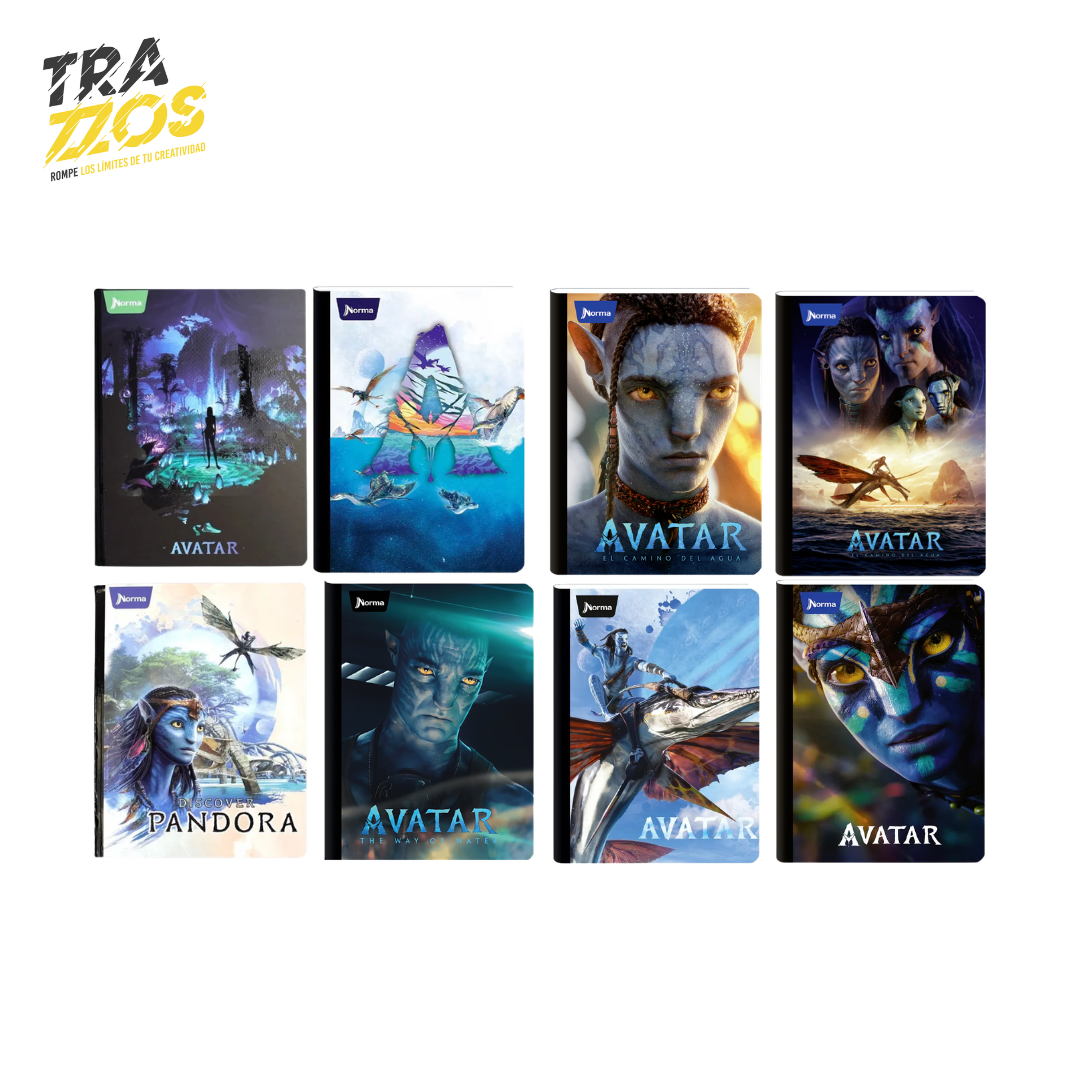 Cuadernos escolares cosidos con portadas de Avatar en tonos azules 