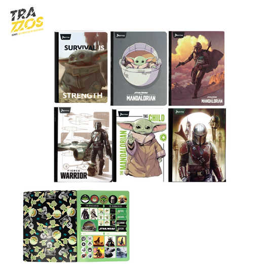 Cuadernos cosidos con cinta en el lomo negra con portadas de personajes de Mandalorian como  Baby Yoda, naves. Tonos oscuros.