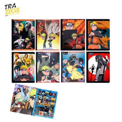 Cuadernos escolares cosidos con portadas de Naruto  y su equipo  escenas  colores vibrantes 
