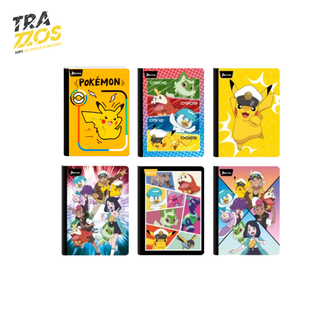 Cuadernos escolares cosidos de personajes de Pokémon en colores vibrantes
