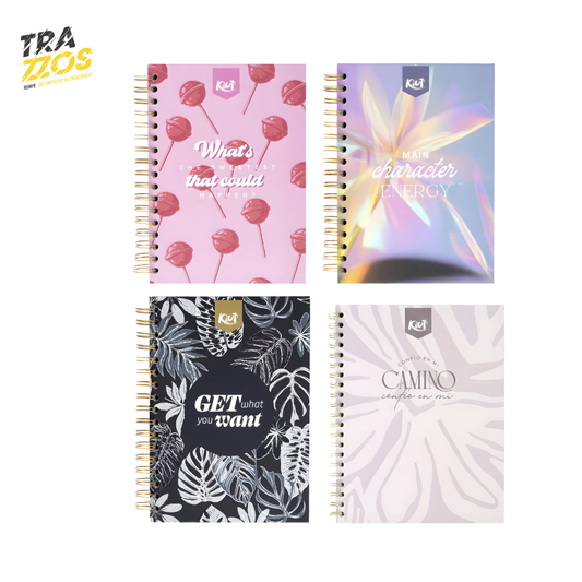 Cuaderno argollado multitarea con diseños juveniles en tonos pastel y  con frases positivos. 