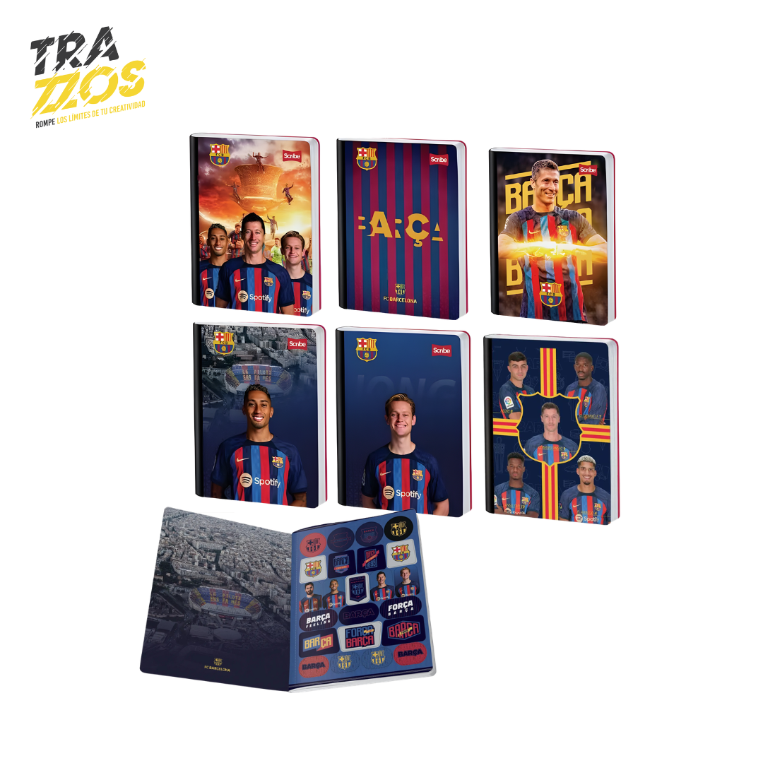Cuadernos escolares cosidos con lomo negro y portada de jugadores de fútbol con diseño deportivo del Barcelona.
