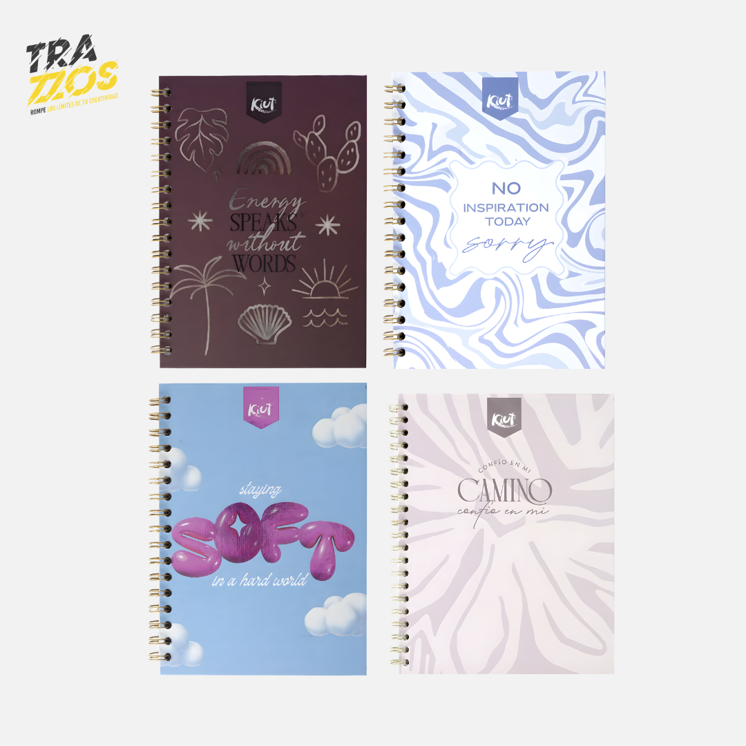 Cuaderno argollado pequeño con diseños juveniles en tonos pastel y  con frases positivos. 