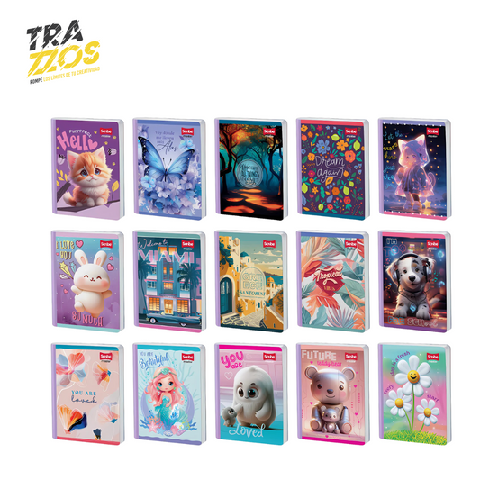 Cuadernos cosidos con diseños de animales y elementos decorativos en estilo tierno y juveniles, con colores pasteles. 