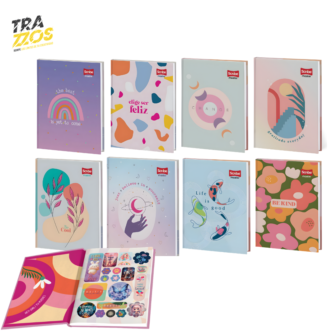 Cuaderno cosido pequeño pasta dura con diseño femenino con frases positivas en colores pastel y hoja de stikers.