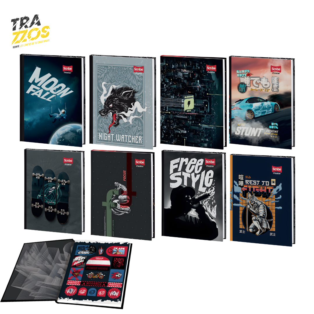 Cuaderno cosido pequeño pasta dura con diseño masculino con colores oscuros y hoja de stikers.