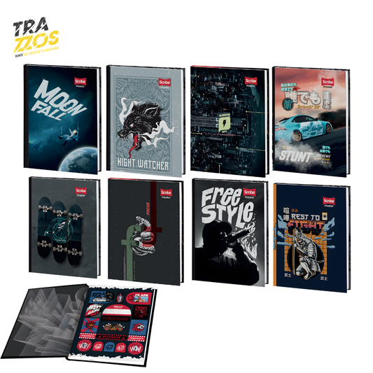 Cuaderno cosido pequeño pasta dura con diseño masculino con colores oscuros y hoja de stikers.