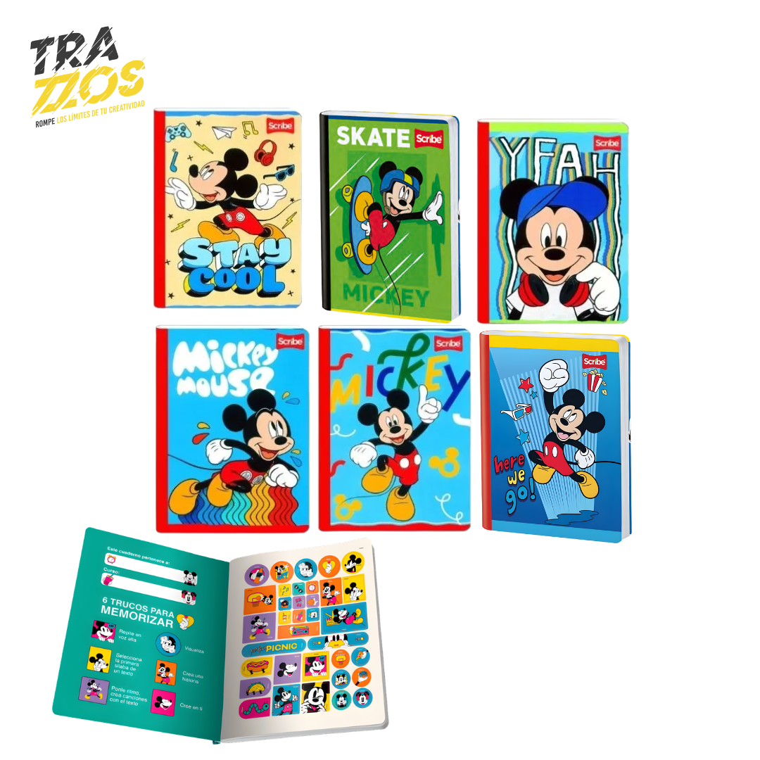 Cuaderno escolar cosido con lomo rojo y portada de Mickey Mouse en colores vivos con stickers interiores