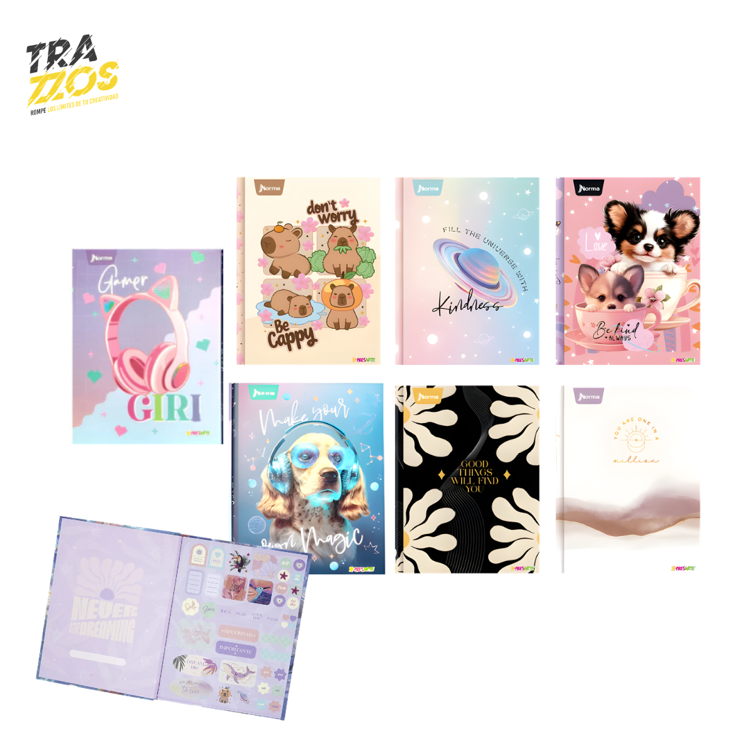 Cuadernos cosidos pasta dura con diseños de animales y frases motivacionales en tonos pastel