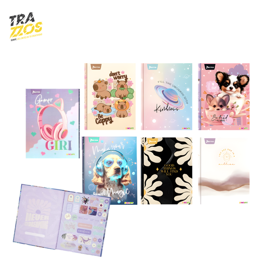 Cuadernos cosidos pasta dura con diseños de animales y frases motivacionales en tonos pastel