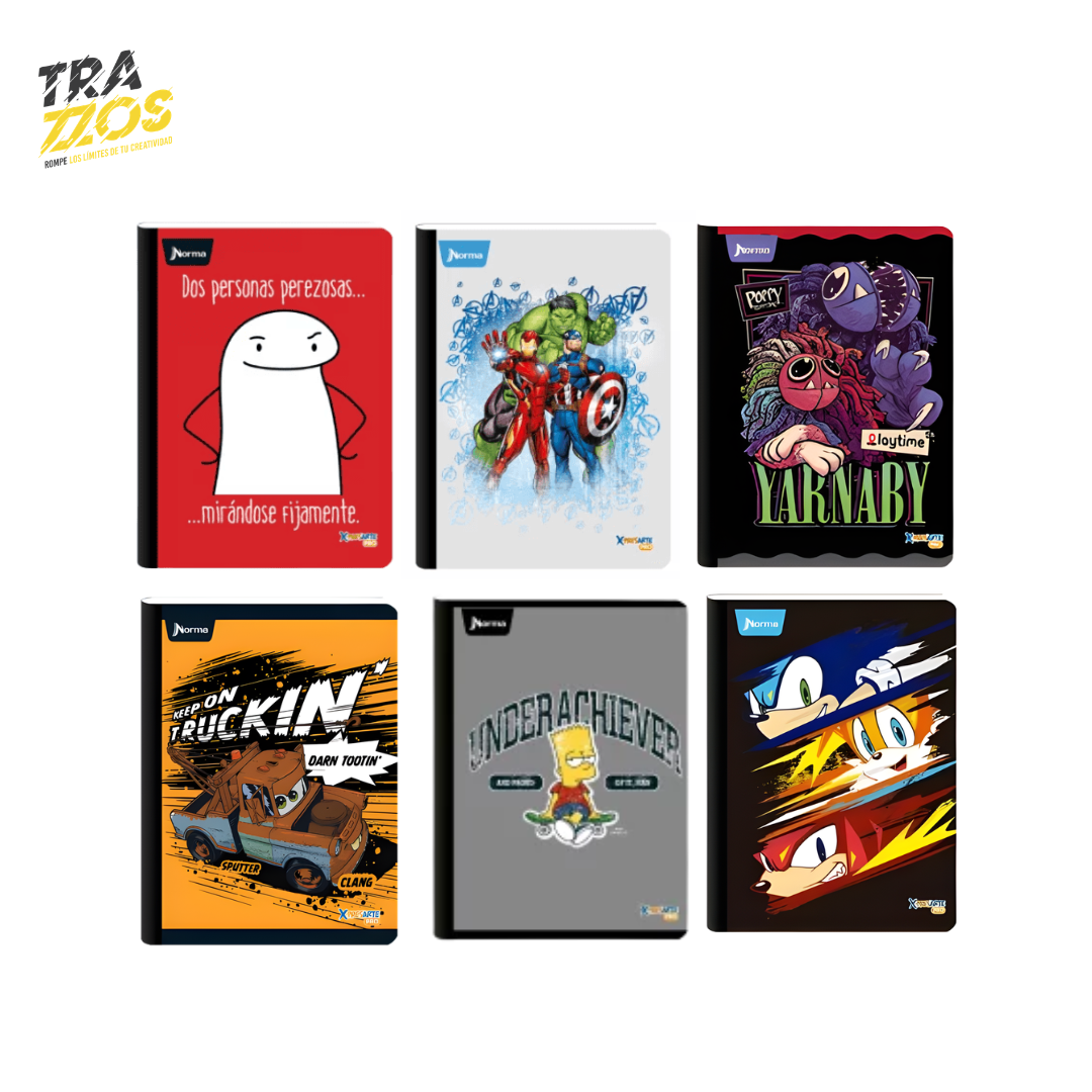 Cuadernos escolares cosidos con portadas de Sonic, Los Simpson y personajes de Marvel con estilo juvenil y memes flork y Cars