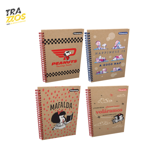 Cuaderno argollado grande en cartón kraft con portadas de  Mafalda y Snoopy