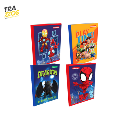 Cuadernos escolares cosidos con diseños de héroes de Marvel, personajes de Toy Story y Chimuelo para niño.