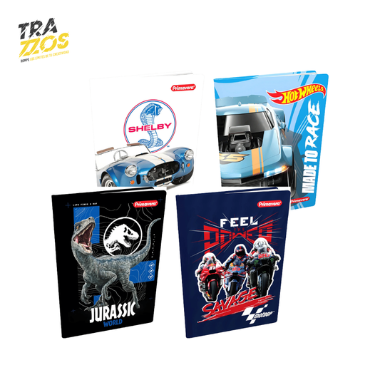 Cuadernos espiral: Shelby, Hot Wheels, Jurassic World y motos. Colores vivos.